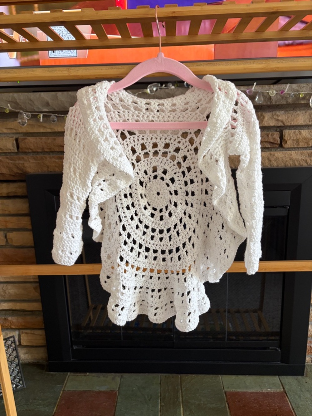 Kids Cream Crochet Hooded Cape - Lightweight Openwork Layer